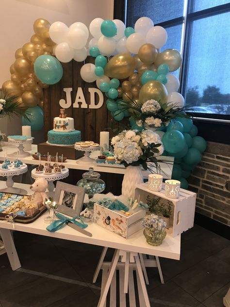 Turquoise Baby Shower Ideas, Baby Shower Table Set Up, Spa Sleepover, Sunshine Baby Shower, Boy Baby Shower Games, Sunshine Baby Showers, Beach Spa, Baby Shower Crafts, Prince Baby Shower