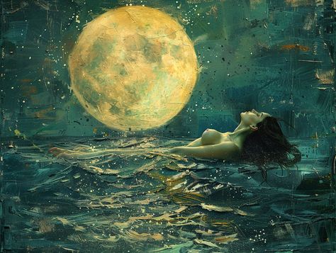 This artwork portrays a lady with long hair floating in the ocean, set against the backdrop of a large yellow moon. The scene is depicted at night, with the moon's reflection shimmering on the water's surface. This piece has a textured, brushstroke style, giving it the appearance of a painting. The overall effect is serene and dreamlike, blending elements of nature and fantasy. Hair Floating, Floating In The Ocean, Moon Lady, Fantasy Moon, Mermaid Artwork, Yellow Moon, Acrylic Pouring Art, Elements Of Nature, Printable Vintage