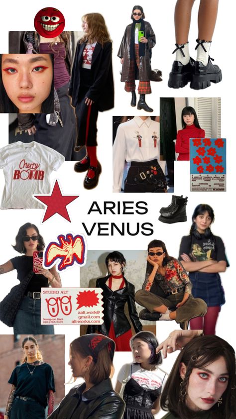 A collage feautiring different women wearing red and black themed clothes and makeup Aries Clothing Style, Leo Fashion Zodiac Style, Aquarius Dressing Style, Aries Rising Outfits, Venus In Aquarius Style Outfits, Pisces Rising Outfit, Venus In Aries Fashion, Aries Fashion Aesthetic, Venus In Aries Aesthetic Outfit