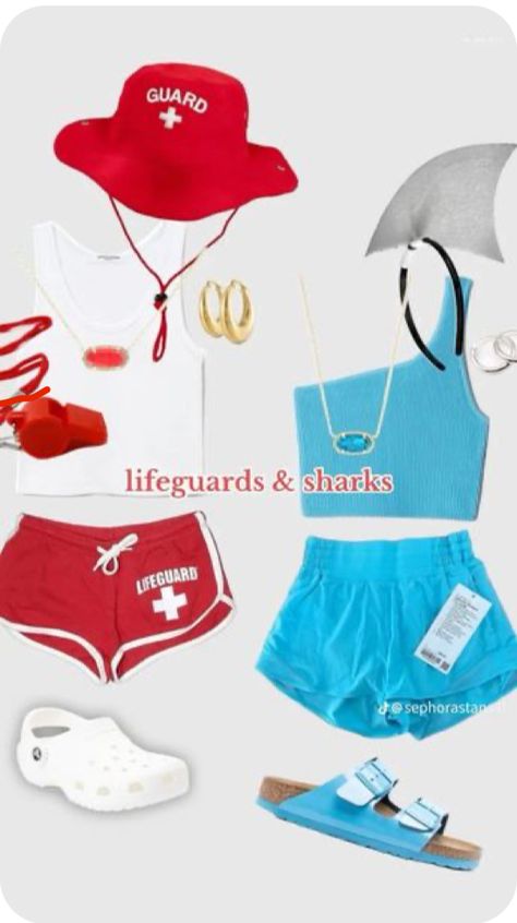 Life Guard Halloween Costumes Couple, Life Gaurd Costume Halloween Girl, Sup Halloween Costumes, Life Guard Costume Girl, Life Guard And Shark Halloween Costume, Volleyball Halloween Costumes, Shark And Lifeguard Costume, Shark Costume Women, Lifeguard Halloween