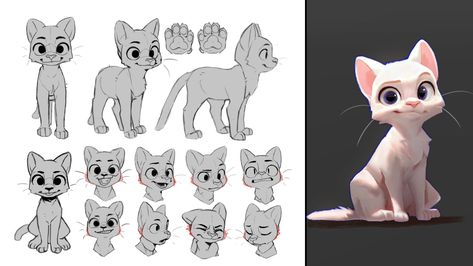 Cartoon Animals Sketches, Cat Turnaround Sheet, Cartoon Cat Expressions, Cat Concept Art Character Design, Kitten Character Design, Cat Character Drawing, Cat Turnaround, Expression Sheet Character, Disney Expression Sheet