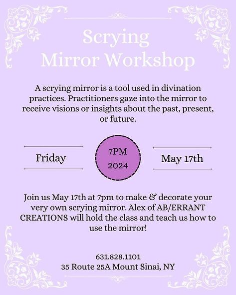 Embark on a journey into the arcane realm of scrying mirrors at our upcoming event on May 17th at 7 pm, hosted by the esteemed Alex from Ab/errant Creations. In this workshop, you’ll craft your own scrying mirror, guided by Alex’s expertise and creativity. Delve into the rich history of scrying mirrors and uncover the ancient techniques for utilizing their mystical properties. Don’t miss this chance to immerse yourself in the art of scrying and unlock the secrets of the universe through refle... Scrying Mirror, Ancient Techniques, Secrets Of The Universe, The Universe, Hold On, Universe, The Past, Mirror, History