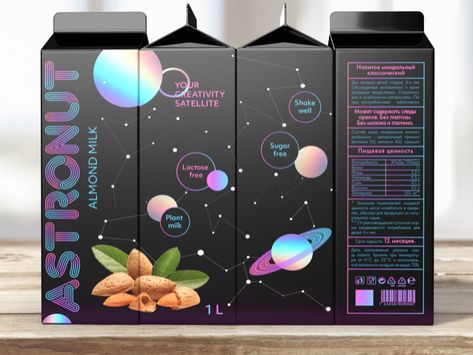 Astronut - plant milk on Packaging of the World - Creative Package Design Gallery Trippy Packaging Design, Packaging Design Tutorial, Cyberpunk Packaging Design, Space Packaging Design, Galaxy Packaging, Futuristic Packaging Design, Space Packaging, Milk Design, Futuristic Packaging