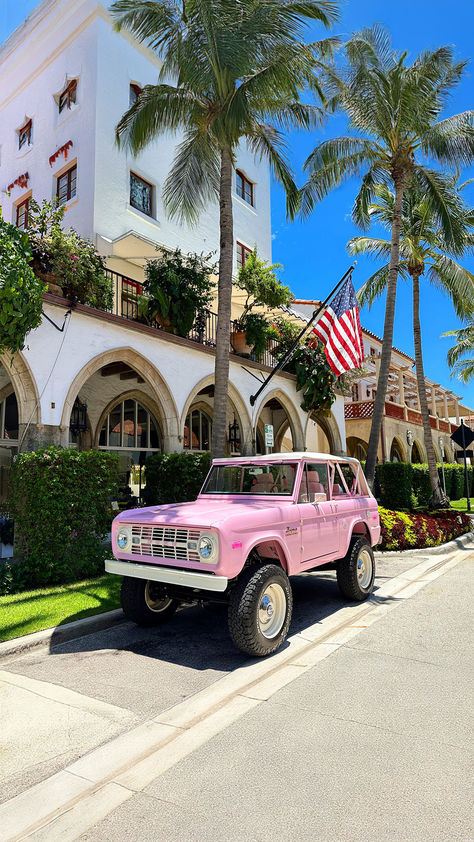 Vintage Pink Bronco  on a Sunny Day Near The Coast Pink Bronco Vintage, Vintage Pink Bronco, Love Shack Fancy Bronco, Pink Ford Bronco, Ford Bronco Aesthetic, Bronco Aesthetic, Pink Bronco, Bronco Vintage, Early Ford Bronco