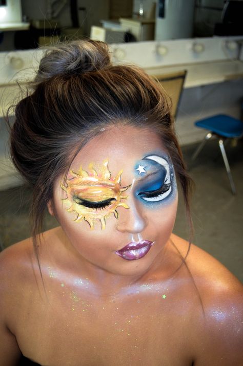 Sun & Moon Makeup Sun And Moon Makeup Look, Moon Makeup, Face Paints, Makeup Class, Moon Face, Facepaint, Sun And Moon, Sun Moon, Face Painting