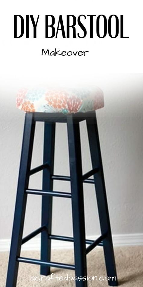 Wooden Barstool Makeover. Follow this easy bar stool makeover DIY steps using a little paint, foam and fabric. Upholster and give your bar stool a modern look! Refurbish Bar Stools Diy, Painted Kitchen Stools, Painting Barstools, Bar Stool Makeover Diy, Repurpose Bar Stool Ideas, Stool Design Ideas, Barstool Makeover, Diy Bar Stool, Barstool Ideas