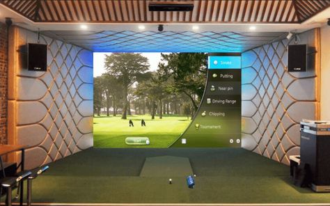 Man Cave With Golf Simulator, Diy Golf Simulator, Simulator Setup, Golf Man Cave, Simulator Room, Home Golf Simulator, Indoor Golf Simulator, Golf Simulator Room, Indoor Golf