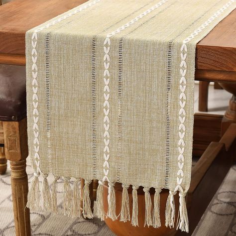 Wracra Rustic Linen Table Runner Farmhouse Style Table Runners 108 inches Long Embroidered Table Runner with Hand-Tassels for Party, Dresser Decor and Dining Room Decorations (Coffee, 13"×108") Boho Dining Room Decor, Coffee Table Runner, Boho Dining Room, Boho Table Runner, Thanksgiving Table Runner, Farmhouse Table Runners, Embroidered Table Runner, Farmhouse Style Table, Table Flag