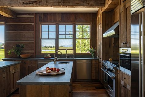 FEATURED PROJECT: HIGH COUNTRY ELEGANCE - JLF Architects Kitchen House Design, Wyoming House, Ny House, Kitchen Island With Stove, Reclaimed Building Materials, Log Home Plan, Custom Water Feature, Modern Luxury Kitchen, Build Inspiration