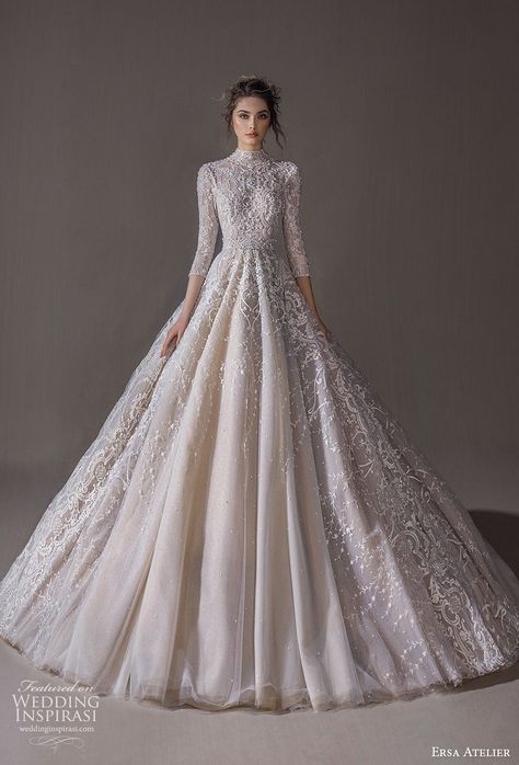 Weddinginspirasi.com featuring - ersa atelier spring 2020 bridal three quarter sleeves high neck full embellishment princess a line wedding dress (2) mv -- Ersa Atelier 2020 Wedding Dresses #wedding #weddings #bridal #weddingdress #weddingdresses #bride #fashion #collectin:Norse #label:ErsaAtelier #week:122020 #year:2020 ~ Ersa Atelier, Ditsy Dress, 파티 드레스, White Wedding Dress, Grey Lace, Modest Wedding, A Wedding Dress, Bridal Fashion Week, Lace Dresses