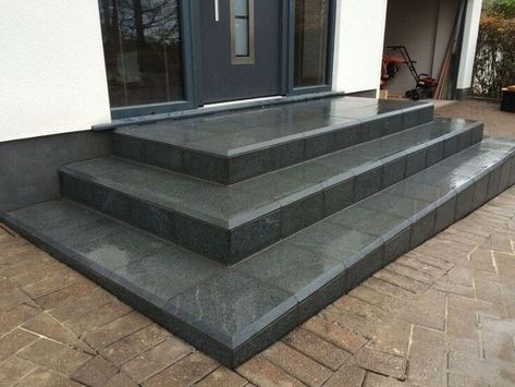 Tiles For Steps Stairways, Entrance Granite Steps Design, Exterior Transformations, Stone Porch, Granite Steps, Granite Stairs, Front Door Steps, Front Stairs, Tile Steps