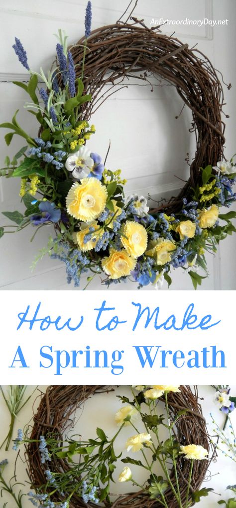 Wreath With Flowers Diy, Flower Wreaths Diy How To Make, Diy Spring Wreath For Front Door Easy, Hi Wreath Front Doors, Wedding Grapevine Wreath Ideas, Grape Wreath Ideas, Spring Door Wreaths Ideas, Spring Door Hangers Diy Wreath Ideas, Spring Floral Wreaths For Front Door