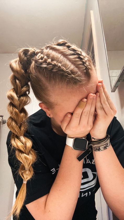 Hairstyles With 4 Braids, Sports Hairstyles Braids, Curly Hairstyles For Game Day, Ffa Hair Styles, Strait Hairstyles For School, Cute Hair Styles Medium Hair, Two High Braids, Hair Down Braided Hairstyles, Braids For Basketball