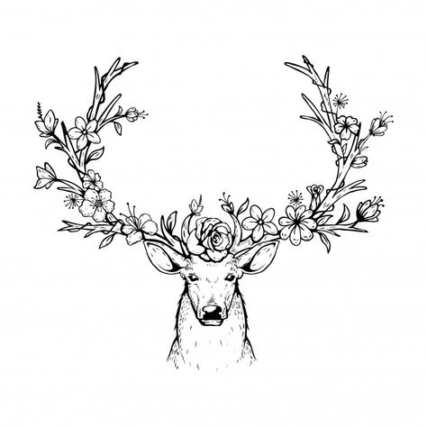 Vector illustration of a head deer with antlers floral Premium Vector Deer Head Drawing, Antler Art Drawing, Antler Drawing, Antlers Drawing, Deer With Flowers, Antler Tattoo, Antler Flower, Owl Tattoo Drawings, Deer Drawing