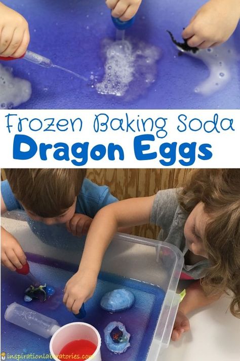 Frozen Baking Soda Dragon Eggs | Inspiration Laboratories Dragon Activities Eyfs, Fairytale Science Activities, Fairytale Science Preschool, Dragon Science Experiment, Dragon Crafts For Kids Preschool, Dragon Activities For Preschool, Dragon Activity For Kids, Dragon Sensory Bin, Dragon Theme Preschool