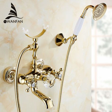 Luxury Gold Brass Bathroom Faucet Bath Faucet Mixer Tap Wall Mounted Hand Held Shower Head Kit Shower Faucet Sets  HS-G018 Brass Bathroom Faucet, Gold Bathroom Faucet, Tap Wall, Contemporary Bathroom Decor, Bathtub Faucets, Brass Bathroom Faucets, Shower Style, Shower Faucet Sets, Brass Bathroom