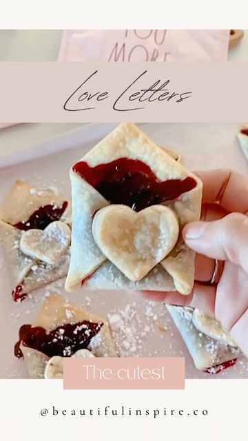 Trish 💕 Beautiful Lifestyle Blogger on Instagram: "Breakfast 💌 Love Letters! ❤️ These breakfast pastries are super easy, cute and delicious! I used already made pie crust, cut out squares using a pizza cutter. Then turned them sideways so it looks like a diamond shape, filled them with berry jam, then folded the bottom and two sides in. I cut out hearts with the leftover pie pastry and placed it in the middle of the envelope! Bake at 375 for 10-12 minutes then sprinkle with powdered sugar! The Love Letter Pastries, Heart Hand Pies, Leftover Pie, Pie Mold, Valentines Dinner, Pies Art, Pie Pastry, Beautiful Lifestyle, Delish Desserts