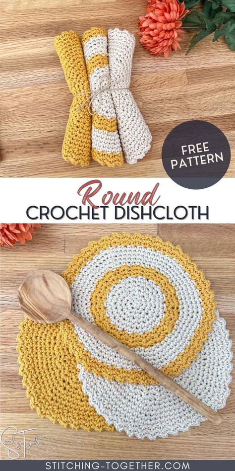 This round crochet dishcloth pattern is perfect for making a new set of dishcloths for your kitchen. You'll love this easy crochet pattern and best of all it is free! Grab your hook and get started on this free crochet pattern. Easy Cotton Yarn Crochet Patterns, Things To Crochet For The Kitchen, Fall Dishcloth Crochet Pattern, Crochet Round Washcloth Free Pattern, Round Crochet Dishcloth, Crochet Round Potholders Free Patterns, Crochet Kitchen Set Free Pattern, Round Dishcloth Crochet, Crochet Patterns For Cotton Yarn