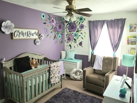 Purple Floral Nursery Decor, Purple Nursery Baby Girl, Purple And Blue Nursery Girl, Purple And Green Baby Room, Purple Princess Nursery, Purple And Sage Nursery, Purple And Teal Nursery, Sage And Purple Nursery, Purple Nursery Theme