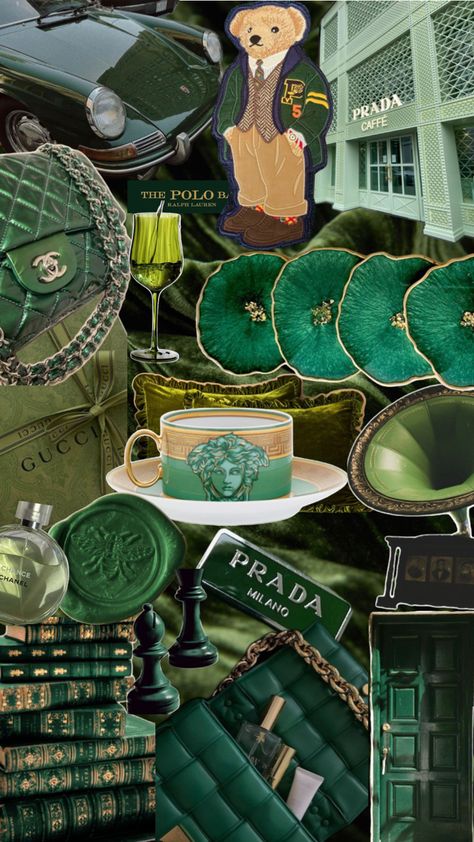 Green luxury collage Green And Gold Aesthetic, Luxury Collage, L Aesthetic, Green Luxury, Gold Luxury, Gold Aesthetic, Apartment Inspiration, Green And Gold, Prada