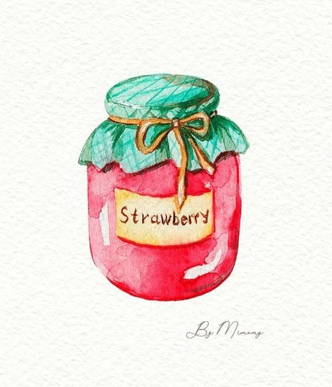 Strawberry Jam Tattoo, Jam Watercolor, Watercolor Jar, Jam Drawing, Jam Illustration, Baking Illustration, Homemade Recipe Books, Strawberry Watercolor, Watercolor Pencil Art