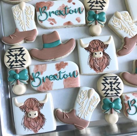 Highland Cow Cookies Baby Shower Boy, Rodeo Decorated Cookies, Ear Tag Cookies, First Rodeo Cookies Boy, Highland Cow Boy Baby Shower Ideas, Highland Cow Baby Shower Cookies, Highland Cow Baby Shower Theme Boy, Highland Cow Sugar Cookies, Cow Baby Shower Cookies