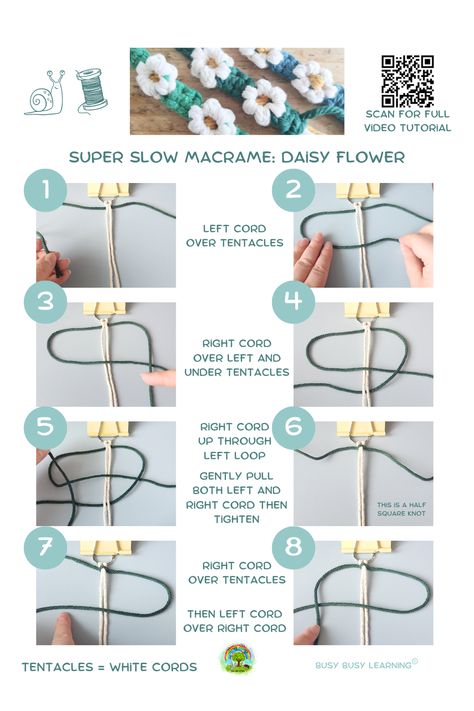 Macrame tutorial pdf with super slow - no time-lapsing video tutorial to accompany. Free pattern Daisy flower pattern Daisy Macrame Tutorial, Daisy Flower Tutorial, Macrame Daisy, Daisy Flower Pattern, Daisy Art, Macrame Knot, Macrame Tutorial, Bracelet Tutorial, Flower Tutorial