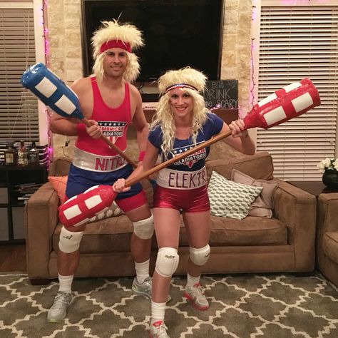 American Gladiators! Patriotic Halloween Costumes, American Gladiator Costume, Gladiator Halloween Costume, Gladiator Costumes, American Gladiators, Costume Couples, Unique Couple Halloween Costumes, Funny Couple Halloween Costumes, Party Like Its 1999