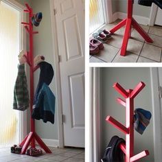 Standing Coat Rack Diy, Diy Hat Tree, Coat Rack Plans, Diy Coat Tree Simple, Diy Freestanding Coat Rack, Coat Tree Diy, Free Standing Coat Rack Diy, Diy Coat Rack Stand, Diy Wooden Coat Rack