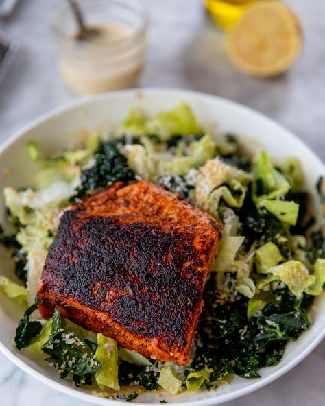 Blackened Salmon Caesar Salad – CHEZ CHANELLE Blackened Salmon Caesar Salad, Salmon Caesar Salad, Homemade Caesar Dressing, Homemade Caesar, Blackened Salmon, Fall Foods, Caesar Dressing, How To Dry Rosemary, Romaine Lettuce