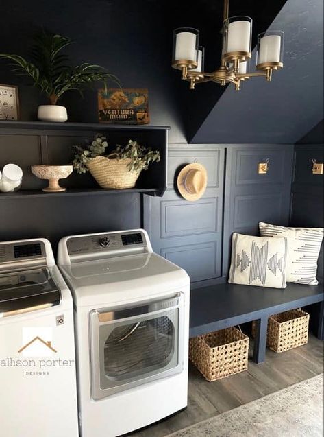 Laundry Room Gold Accents, Poppy Seed Behr Paint, Black And Copper Laundry Room, Dark Colored Laundry Room Ideas, Dark Colored Laundry Room, Behr Poppy Seed Paint, Navy And Gold Laundry Room, Dark Paint In Laundry Room, Black And Gold Laundry Room Ideas