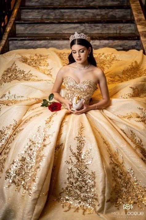 Belle Quinceanera Dress, Beauty And The Beast Quinceanera Dress, Gold Quinceanera Dresses, Quinceañera Photoshoot Ideas, Beauty And The Beast Quince, Beauty And The Beast Dress, Quince Pictures, Xv Dresses, Beauty And Beast Wedding