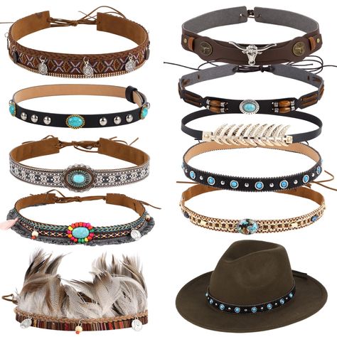 PRICES MAY VARY. 【Diverse Styles】This set includes 10 different cowboy hat bands, each with its own distinctive style. Adorned with beautiful stones and feathers, these bands add a fashionable and unique touch to your cowboy hats, making them stand out in any crowd. 【Quality PU Material】Made from quality PU leather, these hat bands are exceptionally long-lasting, resistant to wear and tear, and comfortable to touch. They won't easily get damaged or break, ensuring long-term use without compromis Cowboy Hat Accessories, Hat Bands Diy Ideas, Beaded Cowboy Hat, Cowgirl Turquoise, Cowboy Hat Design, Cowboy Hat Bands, Headband Accessories, Hat Bands, Style Headband