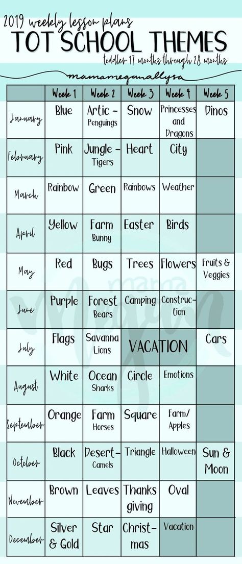 a chart that shows our 2019 tot school themes for each week of the year for a young toddler Weekly Daycare Themes Lesson Plans, Themes For Childcare, May Toddler Themes, Weekly School Themes, School Week Themes, Theme Daycare Ideas, Infant Daycare Curriculum, Infant Themes Lesson Plans, May Daycare Themes