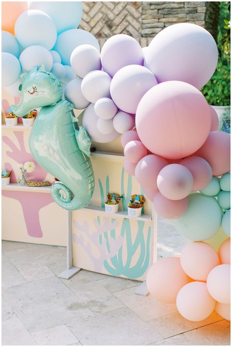 One Shell Of A Party, Mermaid Birthday Party Pastel Colors, Pastel Ocean Birthday Party, Beach Theme First Birthday Party Girl, Shellabration Party, Mermaid Birthday Party Balloons, Boho Mermaid Birthday Party, Shellebrate Birthday, Pastel Mermaid Party