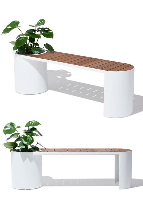 Modern Outdoor Bench Design, Outdoor Bench Planter, Bench Design Outdoor, Bench With Planter, Outdoor Bench Design, White Outdoor Bench, Small Moody Office, Plant Chair, Gym At Home Ideas