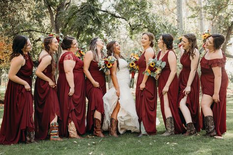 Western Burgundy Bridesmaid Dresses, Black Bridesmaid Dresses With Cowboy Boots, Western Wedding Bridesmaids Dresses With Boots, Country Wedding Dresses With Boots Bridesmaid, Cowboy Boots Bridesmaids Long Dress, Long Bridesmaid Dresses With Boots, Western Bridesmaid Dress, Cowboy Boot Bridesmaids, Rustic Western Wedding Bridesmaid Dresses