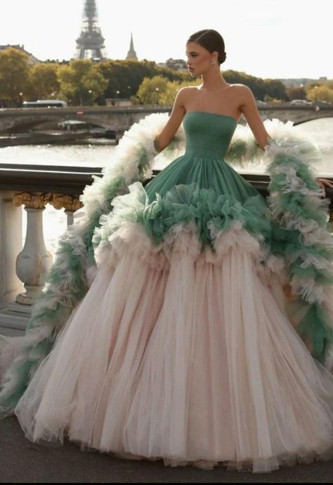 Unique Wedding Dresses Indian, Mint Tulle Dress, Unique Ball Gowns, Ball Gown Couture, Extravagant Gowns, 50 Aesthetic, Cute Prom Dresses, Pretty Prom Dresses, Fairytale Dress