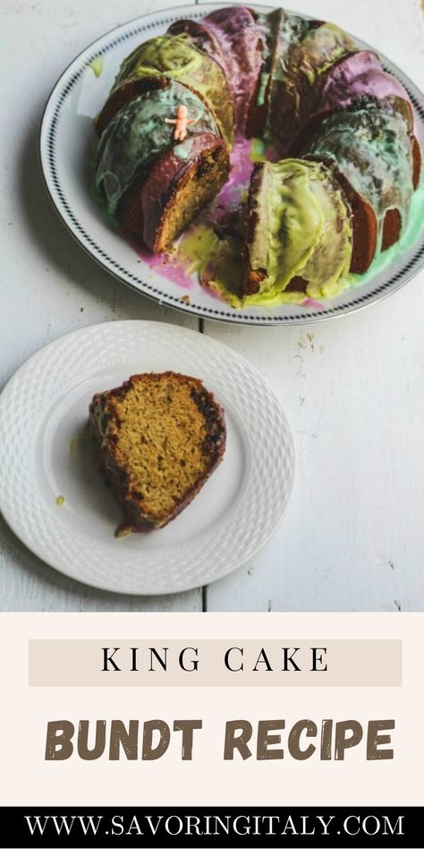 This King Cake Bundt recipe is the perfect way to celebrate Mardi Gras in style! With its sweet combination of cinnamon, nutmeg, and orange zest, this unique dessert is full of flavor and has a soft, moist texture. The crowning glory of the cake is the drizzled glaze and festive colored sprinkles that decorate the top. Enjoy the scrumptious flavor of the traditional King Cake with a modern twist! Traditional King Cake, Cake Bundt, Bundt Recipes, Purple Food Coloring, Bundt Cake Recipe, King Food, Unique Desserts, Pastry Flour, Bundt Cakes Recipes