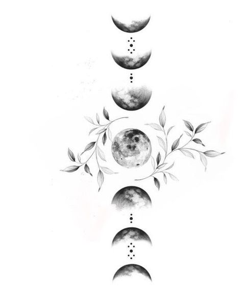 Witchy Cottagecore Aesthetic Tattoos, Moon Phases Back Tattoo Women, Lunar Spine Tattoo, Dainty Moon Phases Tattoo, Moon Phases Spine Tattoos For Women, Chakra Moon Phases Tattoo, Moon Phases Tattoo Ribs, Magic Moon Tattoo, Lunar Phases Tattoo Spine