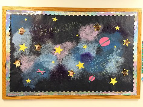 Our bulletin board for June! My inspiration was galaxy patterns. I used glow in the dark paint for some of the spatters so when we turn the lights off for nap, it glows! Solar Eclipse Bulletin Board, Galaxy Bulletin Board, Space Bulletin Boards, Employee Appreciation Board, Space Theme Classroom, Glow In The Dark Paint, Infant Classroom, Dark Paint, Turn The Lights Off