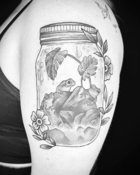 A Frog terrarium 🫙🐸 • • • • #tattoo #tattoos #ink #inked #art #tattooartist #tattooart #tattooed #tattoolife #tattooideas #love #artist #blackwork #instagood #tattoodesign #tatuagem #tattooing #tattooist #blackandgreytattoo #tattooink #tatuajes #instagram #me #tattoostyle #photography #drawing #tatuaje #tattooer #traditionaltattoo #tattoogirl Pond Tattoo, Terrarium Tattoo, Frog Terrarium, Bottle Tattoo, Photography Drawing, A Frog, Tattoo Inspo, Life Tattoos, Black And Grey Tattoos