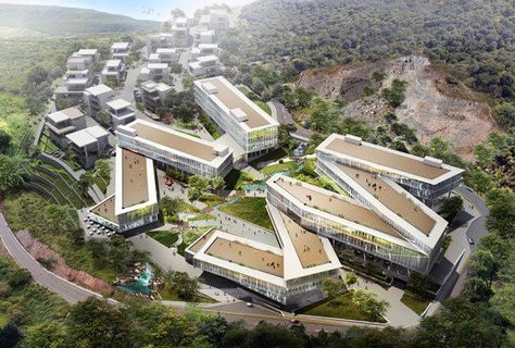 Birdseye view of the complex. Image © PWD, +OUT, White Monkeys China-based firm PWD Architecture will soon break ground on Dali Creative Area, a Mountain Architecture, Hospital Architecture, Creative Area, Healthcare Architecture, Mixed Use Development, Eco Architecture, Mix Use Building, Green Architecture, Architecture Design Concept