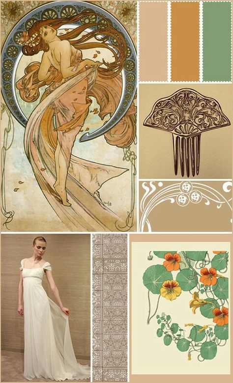 Art Nouveau Paint Colors, Art Nouveau Wedding Cake, Art Nouveau Wedding Theme, Art Nouveau Mood Board, Art Nouveau Color Palette, Art Nouveau Hair, Art Nouveau Theme, Art Nouveau Woman, Art Nouveau Wedding