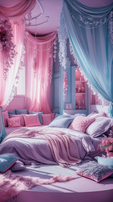 A dreamy bedroom featuring soft lilac walls, pastel bedding in shades of mint and blush, white furniture with gold hardware, and large windows letting in plenty of natural light. Light Blue And Purple Bedroom, Blue Purple Room, Pastel Purple Bedroom Aesthetic, Purple Rooms Bedroom, Pastel Purple Bedroom, Purple And Blue Room, Purple Bedroom Aesthetic, Pastel Rooms, Lilac Bedroom