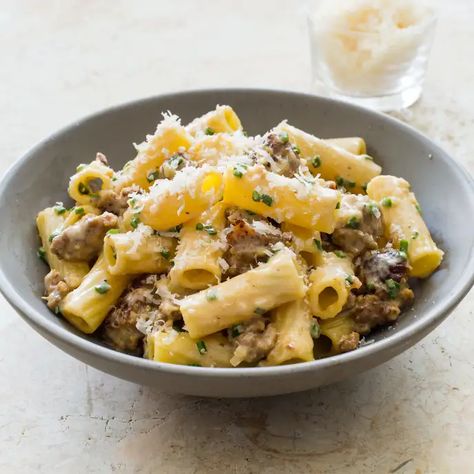 Rigatoni with Sausage and Chives | Cook's Country Rigatoni With Sausage And Fennel, Sausage And Fennel, Ina Garten Recipe, Rigatoni With Sausage, Sausage Rigatoni, Best Pasta Dishes, America's Test Kitchen Recipes, Americas Test Kitchen, Rigatoni