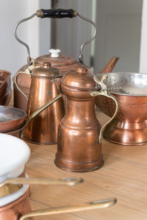 Thrifty Vintage Copper and How to Clean It! Pine And Prospect, Pine And Prospect Home, Copper Canisters, Turquoise Living Room Decor, Copper Collection, Vintage Copper Pots, How To Clean Copper, Copper Kitchen Decor, Copper And Grey