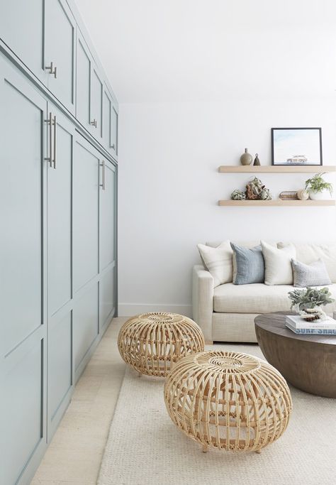 My 6 Tip Guide To Help You Create a Cozy Coastal Retreat - Everyday A Playroom Basement, Salt Interiors, White Linen Sofa, Sunflower Cottage, Pure Salt Interiors, Basement Living, White Shiplap Wall, Pure Salt, Wooden Floating Shelves