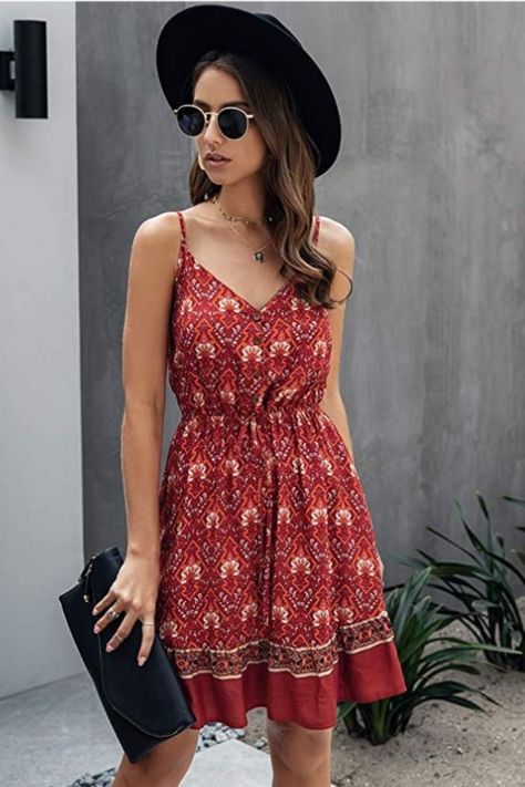 Summer Casual dress for women. Summer Floral Mini dress. Spaghetti strap dress for women. V neck Summer dress for women. Women summer outfits. Frocks For Women, Long Sleeve Fashion, Printed Summer Dresses, Mini Cami Dress, Mini Dress Fashion, Retro Mode, Sleeve Fashion, Styl Boho, Suspender Dress