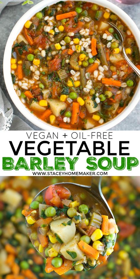 This hearty vegan barley soup is LOADED with vegetables like tomatoes, potatoes, spinach, corn, carrots, green peas, and perfectly cooked barley. This delicious recipe is easy to make, it's high-fiber, oil-free, and ready to eat in less than 1 hour! #VeganBarleySoup Vegan Barley Recipes, High Fiber Soup Recipes, Bariatric Soups, Vegan Barley Soup, 10 Vegetable Soup, Vegetable Barley Soup, Mcdougall Recipes, Eat More Vegetables, Barley Recipe